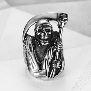 1 Pcs Retro Punk Style Death Reaper Scythe Skull Stainless Steel Ring Rock Hip Hop Jewelry