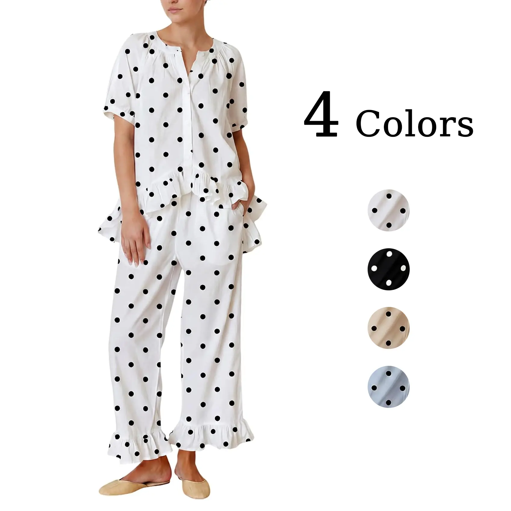 Yimoon Womens Polka Dot Pajama Set Cotton Babydoll Shirt Pants Lounge Sets