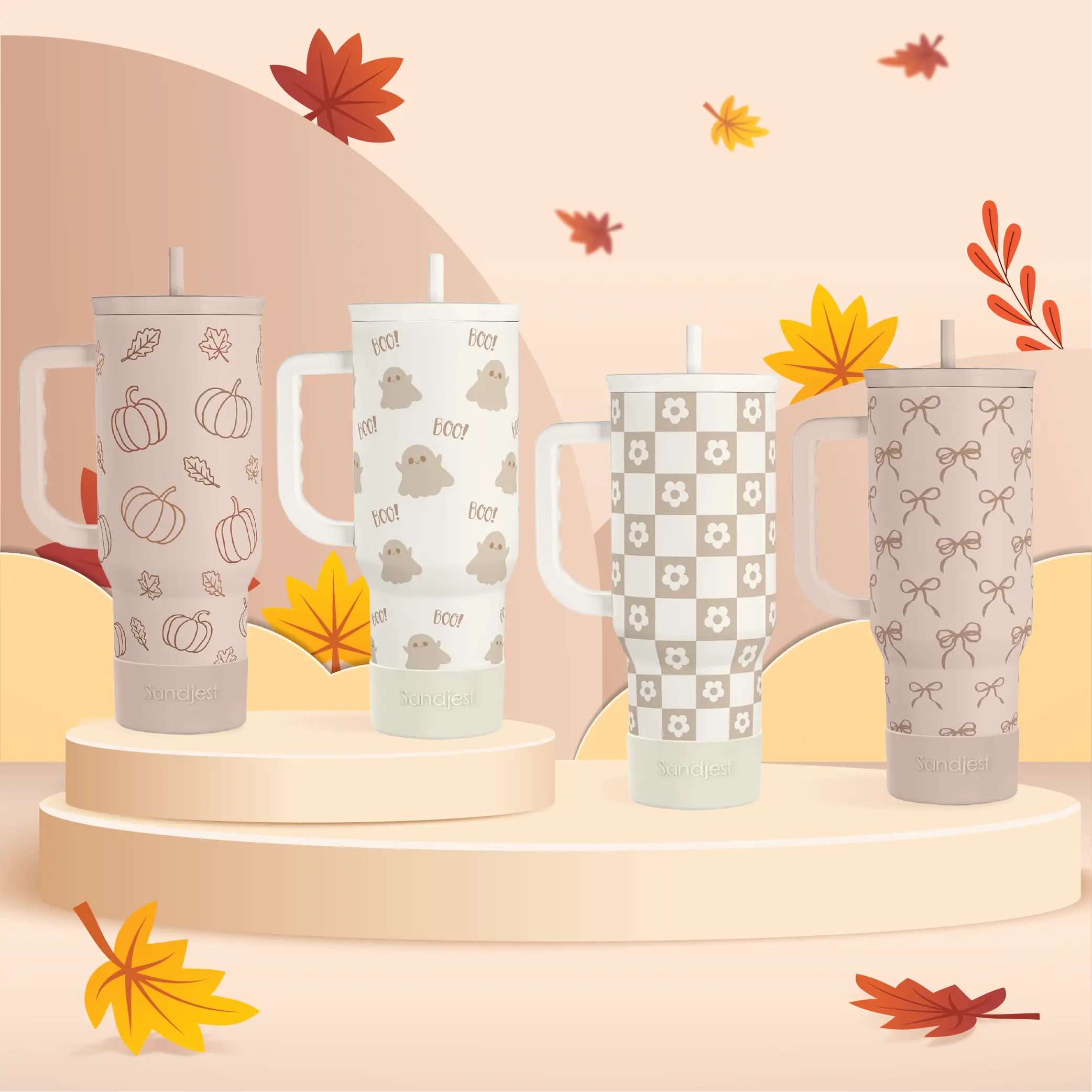 Sandjest SlideMate 40oz Tumbler with Handle & Straw, Stainless Steel Insulated Vacuum Cup, Home Office Outdoor, Birthday Halloween Christmas Gift