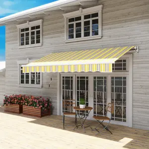 12' x 10' Manual Retractable Awning Outdoor Sunshade Shelter for Patio Balcony Yard with Adjustable Versatile Design Yellow and Gray Solid Aluminum Steel Frame 280g Polyester PU Coating Fabric