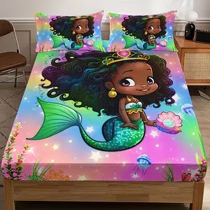 Cute Girl Mermaid Bedding Set, Includes 1 Fitted Sheet and 2 Pillowcases, Polyester Material, Digital Print, All Seasons Use