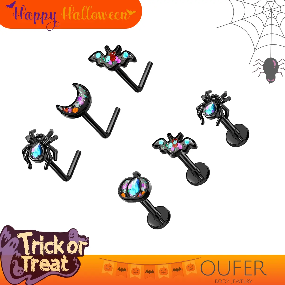 Oufer Spooky 16G 3PCS Glitter Pumpkin-Spider-Bat Internally Threaded Labret Studs Set, Detailed Charm Animal Body Jewelry for Female Body Jewelry Lovers (Helix, Conch, Lobe, Cartilage Piercings)