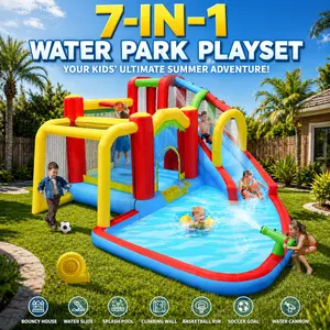 Inflatable Water Slide Bouncy House with Splash Pool 7 in 1 Kids Outdoor Water Park BackyardBouncer Climbing Wall Soccer Goal Basketball Rim Water Gun Heavy Duty Blow Up Play Set Summer Water Toys Toddler Birthday Gift Ideas Family Fun