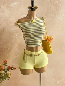 Women's Striped Knitted Off-Shoulder Asymmetrical Shorts Set, Low-Cut, Sleeveless Top + Fitted Figure-Hugging Short Skirt Two-Piece, Textured Casual Home Set & Summer Dopamine Outfit - Perfect for Vacation, Dates, Daily Wear