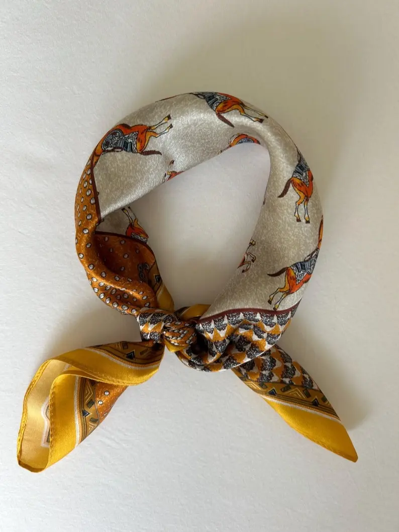 Mulberry Silk Scarf: Ancient Horses Print Neckerchief (21" x 21")