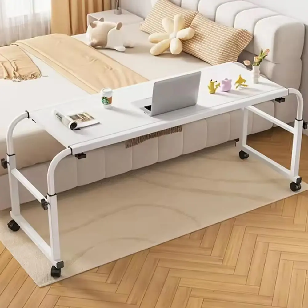 Overbed Table with 360 Wheels, Mobile Bed Desk Adjustable Height, Lockable Casters, Curved Edge Laptop Table for Home Office Hospital Bedroom White