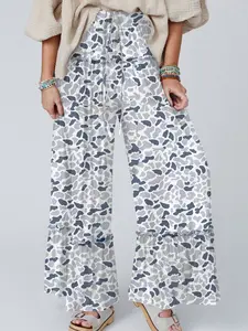 Women's Beige Camo Leopard Print Drawstring High Waist Wide Leg Ruffle Casual Pants
