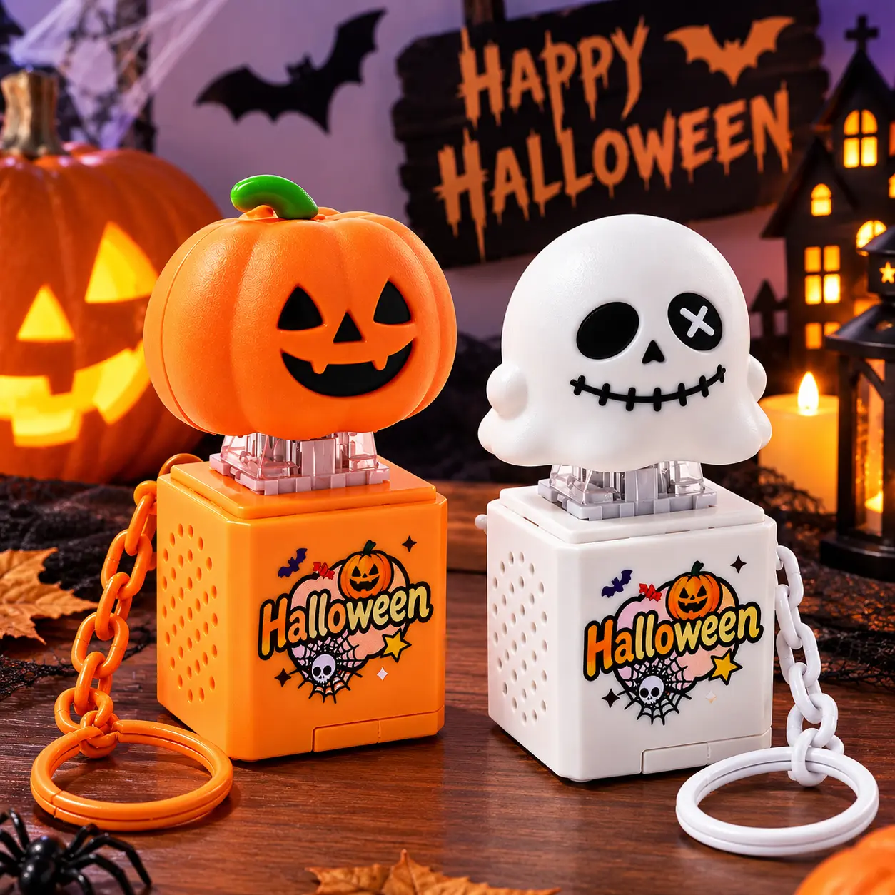 2-pack Halloween glowing and sounding keychain toys, interactive pumpkin ghost skeleton keychains with LED lights and eerie sound effects, Halloween gift bag fillers, "trick or treat" party small gifts, Halloween backpack hangings