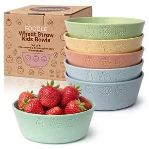 FOODLE 6pcs Wheat Straw Kids Bowls - 12oz Microwave & Dishwasher Safe Toddler Bowls - BPA Free & Non Toxic Dishes - Unbreakable and Durable Childrens Snack and Cereal Bowl