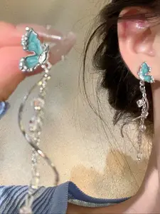 Women's Elegant Butterfly Dangle Earrings, Zinc Alloy Chain, Artificial Glass Inlay, Unique Design, Perfect for Daily Wear, High Quality Earrings