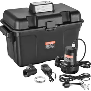 TikTokShopBlackFridayVEVOR Basement Emergency Back-Up Sump Pump, 2000GPH 0.17 HP Backup Sump Pump System, with 15V Adapter, Float Switch, 24-Hour-a-Day Monitoring Controller, Alerts, and Charger, Black