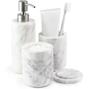 Marble Bathroom Accessories Set, Solid  Marble, Complete  Set with Soap Dispenser,  Holder  Canister with Lid for Qtips, White Bathroom Countertop Decor