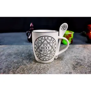 Hexy Witch Mug Set - White Ceramic Mug with "Witches Brew" Design & Pentacle Spoon Drinkware Reusable Washable Coffee Tumbler Cup Reuse