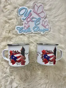 Caribbean Coffee Mug Set 2 Mugs Patriotic Flag Design Puerto Rico Dominican Republic Cuba Durable Lightweight Enamel Mugs for Home Office Outdoor Use