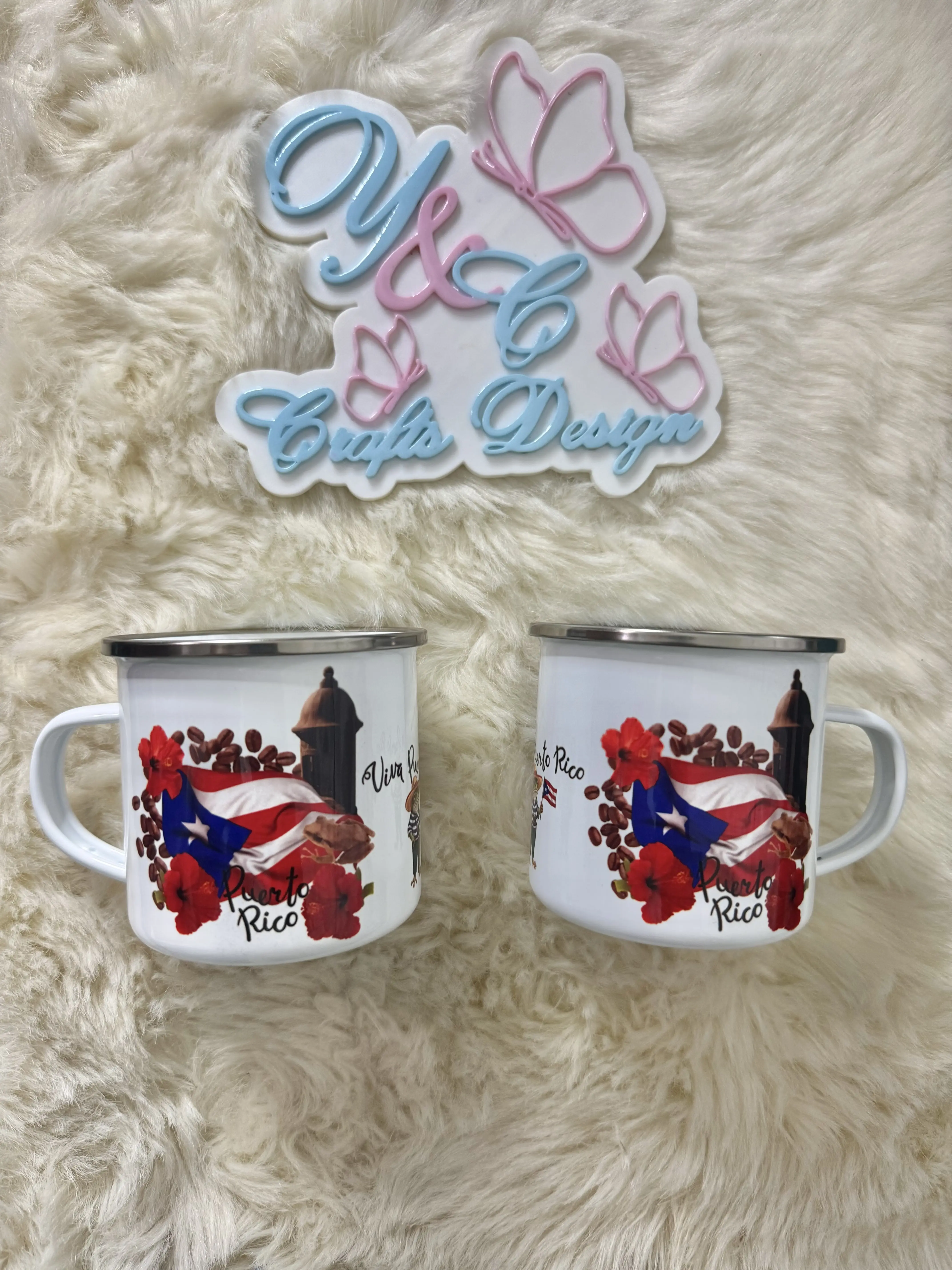 Caribbean Coffee Mug Set 2 Mugs Patriotic Flag Design Puerto Rico Dominican Republic Cuba Durable Lightweight Enamel Mugs for Home Office Outdoor Use