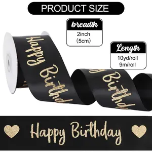 2" x 10 Yards Black Glitter Satin Ribbon with Happy Birthday Print, Shiny Decor Ribbon for Gift Wrapping, Flower Bouquets, DIY Crafts, Banners & Birthday Party Decor