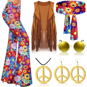 Haull 7 Pcs 60s 70s Disco Hippie Outfits for Women Halloween Costume Set Boho Flared Pants Fringe Vest Peace Sign