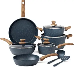 Pots and Pans Set Non Stick - 12 count Induction  Cookware Sets, Blue Granite Nonstick Cooking Pans Set