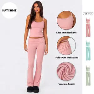 KatchMe Women's Casual Solid Color Lace Trim Ribbed Camisole & Folded Waist Slightly Flared Trousers Co-ord, Basic Thin Strap Top & Trousers Two Piece Sets