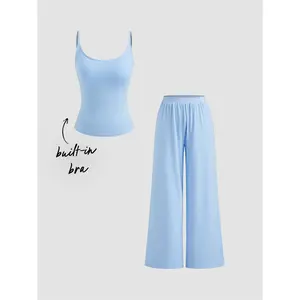 Cider [3 colors, size 2-10] Built-in Bra U-neckline Cami Top & Mid Rise Wide Leg Trousers Loungewear Set