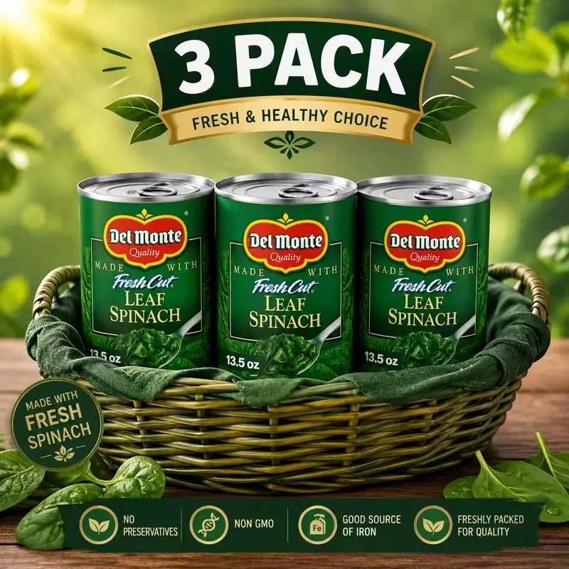 3 pack Del Monte Fresh Cut Leaf Spinach, 13.5 oz Can, Canned Vegetables