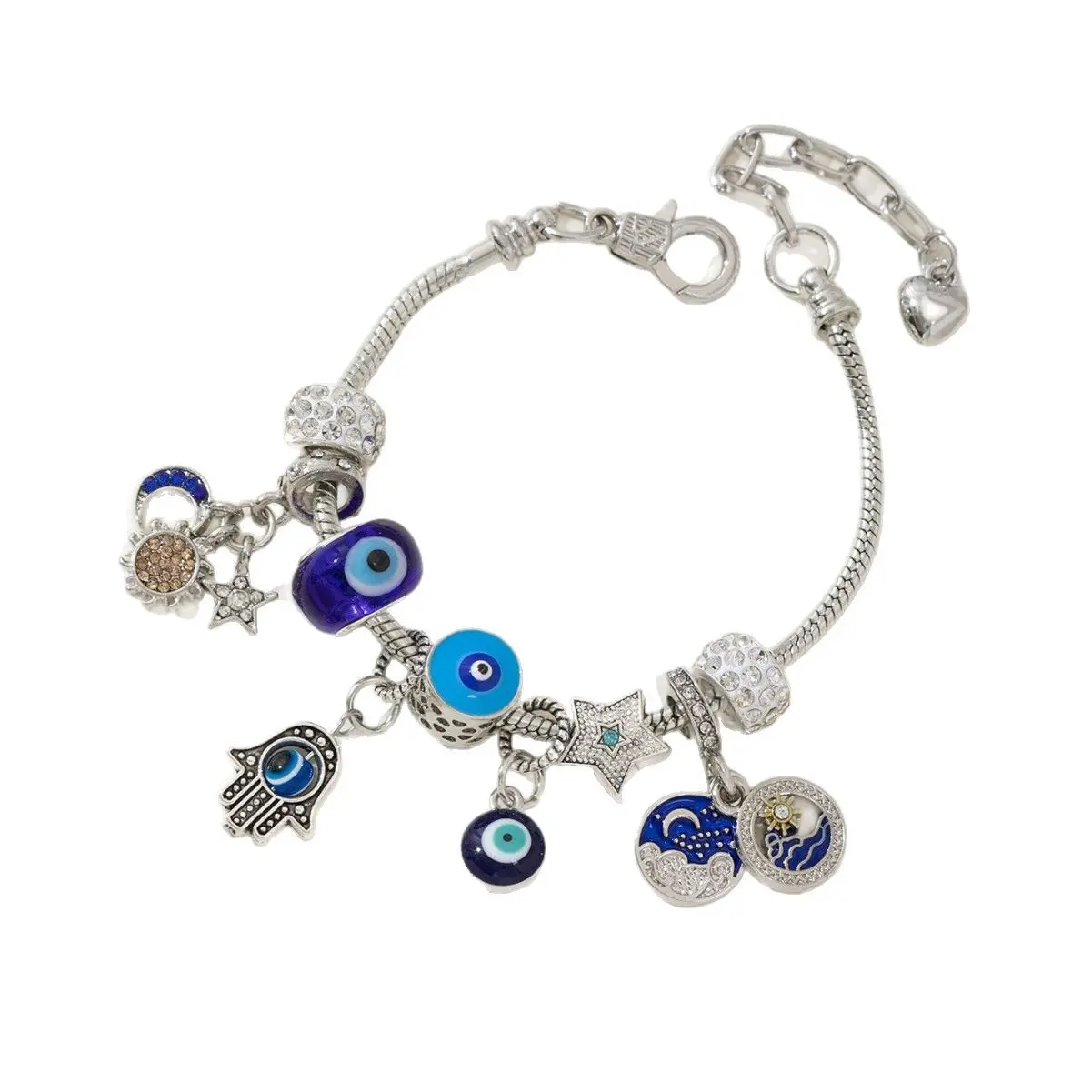 Viral Trend Spiritual Aesthetic Must-Have Women's Evil Eye Charm Bracelet, Hamsa Hand Sun Moon Star Charms, Boho Retro Silver Snake Chain, for Daily Wear, Valentine's Gift & Party