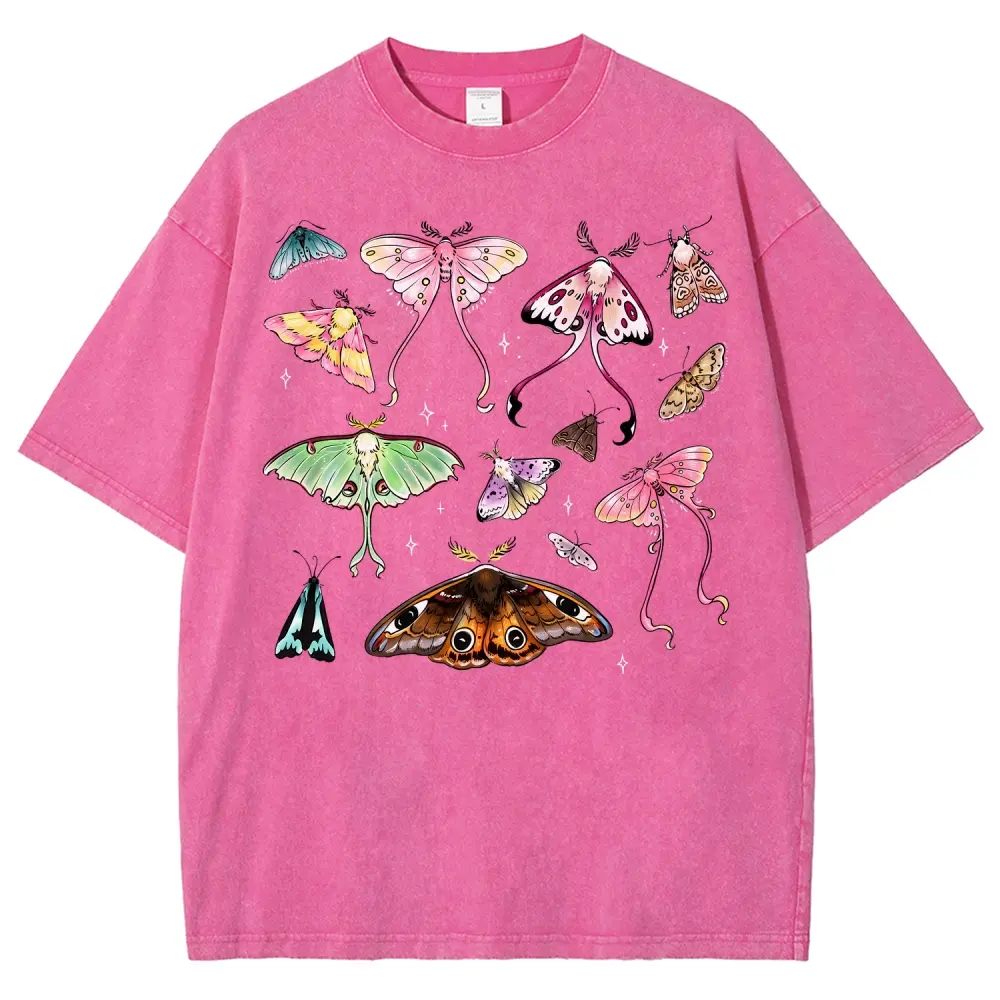 Colorful Moth Collection Cottagecore T-Shirt, Vintage Washed Heavyweight Stone Wash Oversized Tee, Luna Moth Bug Lover Shirt, Gift For Nature Lovers