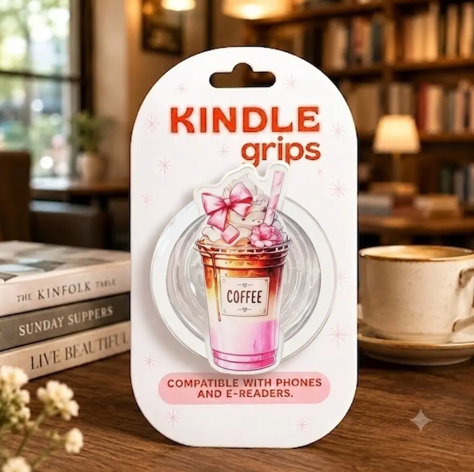 Cute Pink Coffee Cup MagSafe Phone Grip, Floral Bow Kindle Grip, Kawaii Magnetic Phone Holder Grip, Coffee Lover Phone Accessory