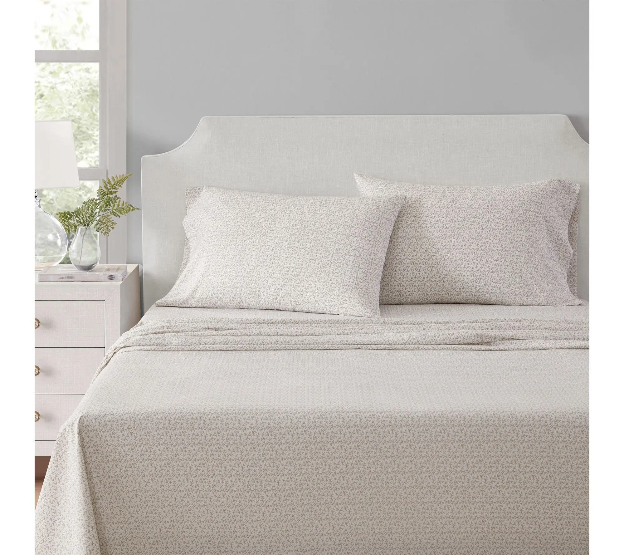 Martha Stewart Leaves White/Beige Cotton Twin Sheet Set