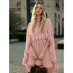 2026Semi-Sheer Chiffon Ruffle Dress With Outer Cape