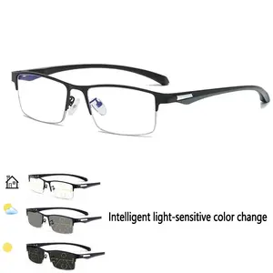 Casual Metal Semi-Frame Progressive Reading Glasses with Photochromic Multi-Focal Lenses and Durable TR Temple Arms