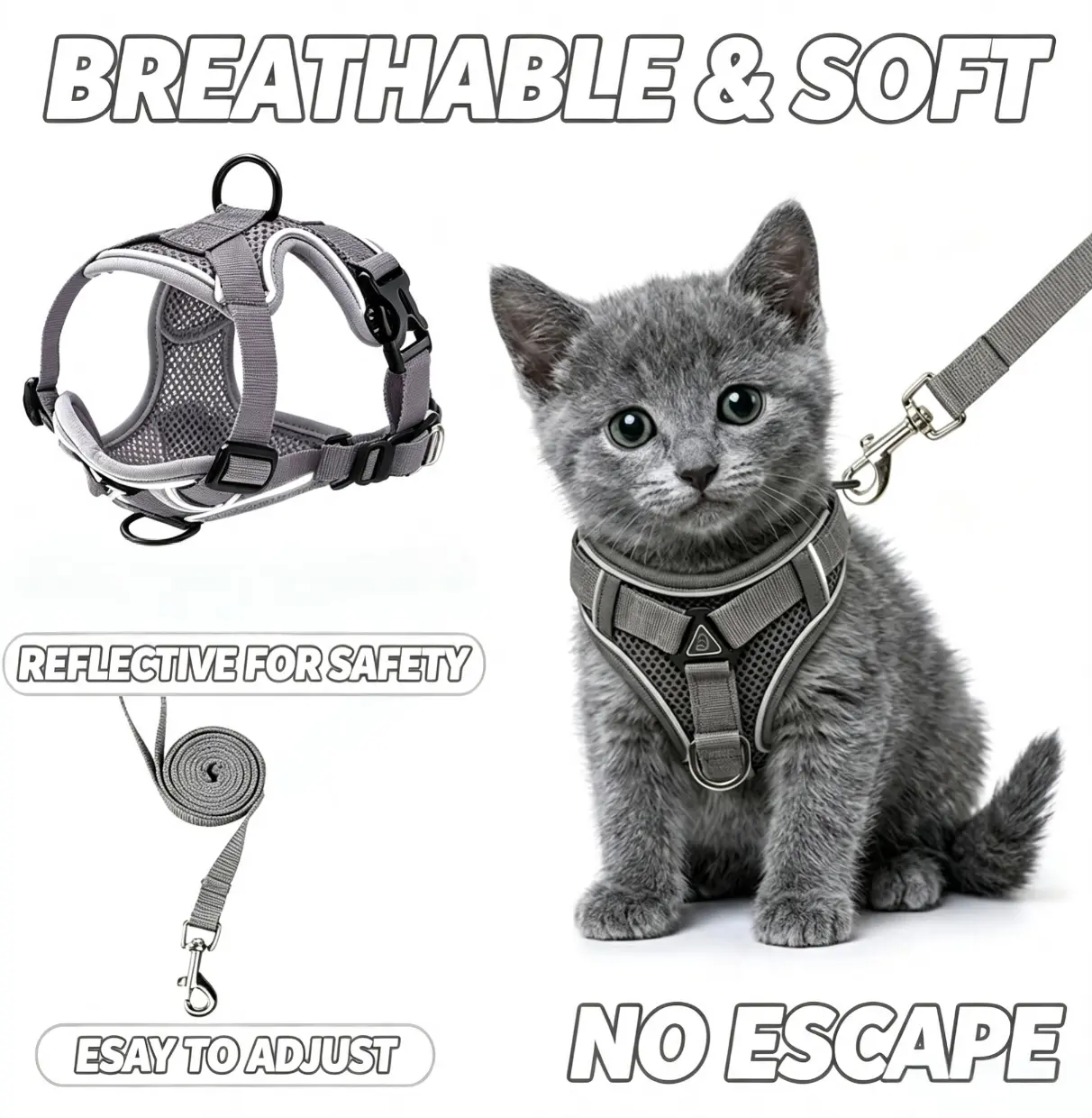Escape-proof cat harness and leash set; adjustable size. Cat leash and collar made from comfortable, breathable materials with adjustable sizing. Reflective strip, soft mesh vest, convenient for safe leash walking. Includes a summer version; breathable an