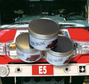 Fire Truck Scented Candle: Smells like a Diesel engine. The candle is in a 8 oz tin container and is made with 100% soy wax. Made by a small company called Crafty American, handmade and 100% USA made product