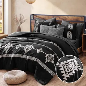 Embroidery Queen Size Comforter Set Black, Boho Farmhouse Bedding Set 7 Pieces, All Season Bed in A Bag Comforter Set with Sheets, Pillowcases & Shams