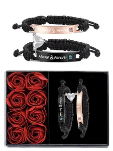 Braided Couple Matching Bracelet (2pcs/1 Set), Magnetic Heart & Letter Design Link Bracelet for Women & Men, Jewelry for Birthday Gift with Rose Box, Personalized Couples Bracelet, Adjustable Bracelets