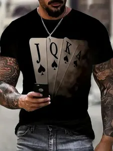 Men'S Casual T-Shirt with 3D Poker Design, Short Sleeves, Comfortable Pullover for Summer - 220G