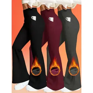 3PCS Women'S High Elastic Breathable Pants With Side Pockets, Flared Leg, High Waist, Tummy Control, Soft & Comfortable Fleece Lined Yoga Trousers, Outdoor Running Workout For Autumn/Winter