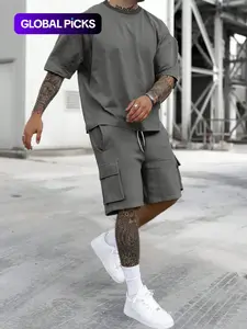 Men's Solid Color Tee & Drawstring Waist Shorts Two-piece Loungewear Set, Regular Fit Breathable Soft Comfy Round Neck Short Sleeve T-shirt & Pocket Shorts Pajamas Set, Men's Casual Sleepwear for Summer