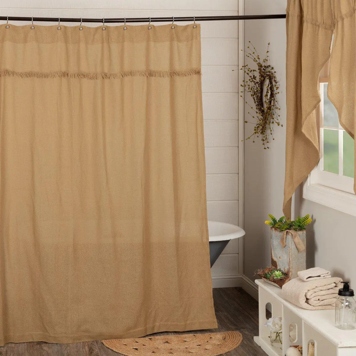 Baxter Natural Burlap Fabric Shower Curtain, Cotton Fringe-Top Rustic Bathroom Accessory