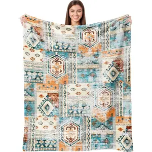Boho Aztec Throw Blanket 50"x 60", Indian Blanket Southwestern, Orange Teal Soft Cozy Lightweight Throws Gifts for Men Couch Bed Sofa Chair