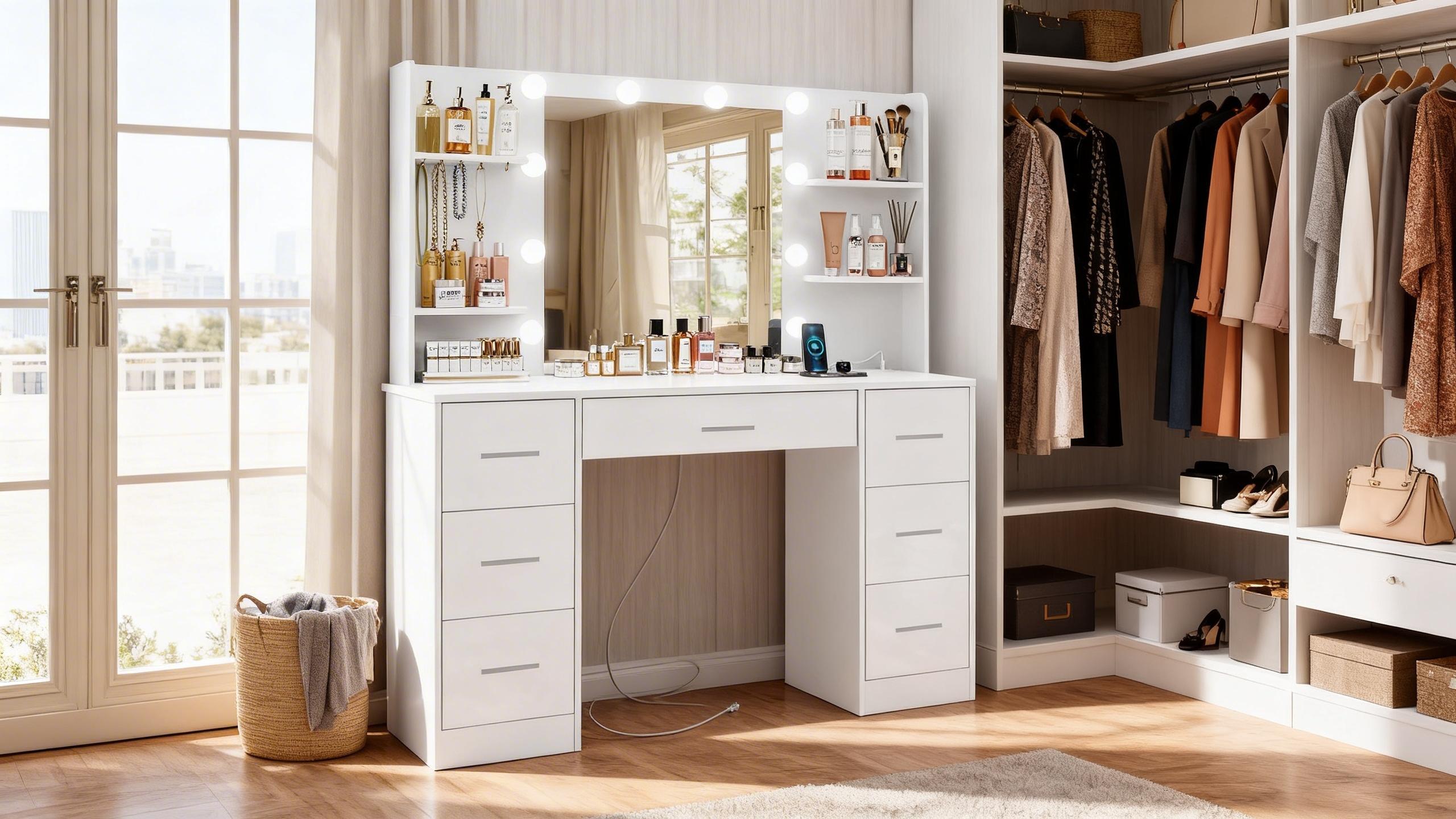 Dream Vanity Table Set with LED Lights 7 Drawers Power Outlet Adjustable Brightness Easy Assembly Durable Design Super Bright Lighting Solution Perfect for Bedroom Makeup Routine