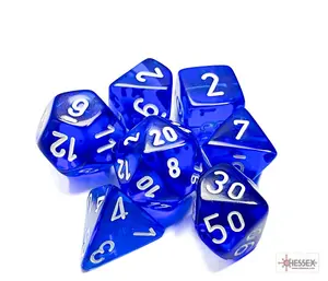 Translucent (Blue/White) Chessex Brand D&D/RPG Polyhedral Dice Set - 7 Dice with Clear Storage Case