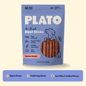 Plato Pet Treats Thinkers Salmon - Meat Stick Treats for Dogs - Limited Ingredient Dog Treats with EPA and DHA to Support Skin, Coat, and Brain - Air-Dried Dog Treats