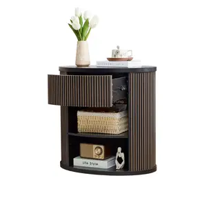 Giratree Fluted Round End Table with Drawer & Open Shelf, Mid-Century Modern Oval Side Table for Living Room Bedroom, Small Nightstand Storage Table for Dorm Sofa Side