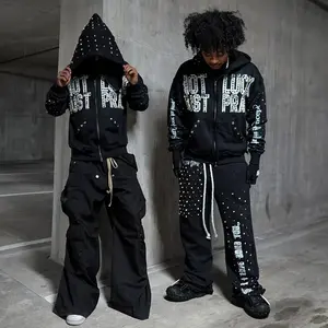 Unisex Bling Rhinestone Hip Hop Alphabet Graphic Print Hoodie - Long Sleeve Casual Vintage Streetwear Pullover with Kangaroo Pocket, Loose Fit hooded jacket with "NOT JUST LUCK PRAY" Letter Print Design Sweatshirts, Womenswear Tops