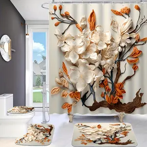 Floral Pattern Bathroom Curtain Set, 4 Counts/set Including Shower Curtain & Toilet U-shape Mat & Rectangular Mat & Toilet Lid Cover, Bathroom Decor Supplies
