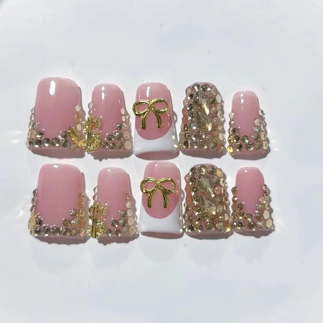 10pcs high-end Luxurious Sweet and cool style, hand-painted three-dimensional bow, dazzling golden pile diamonds handmade press on fake nails