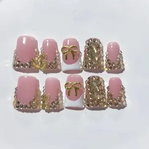 10pcs high-end Luxurious Sweet and cool style, hand-painted three-dimensional bow, dazzling golden pile diamonds handmade fake nails