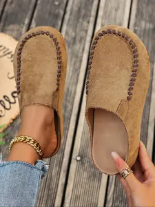 Women's Faux Suede Hand-Stitched Mules, Vintage Slip-On Lazy Shoes, Comfortable Casual Half-Slip On-Off Fashion Sneakers, Footwear