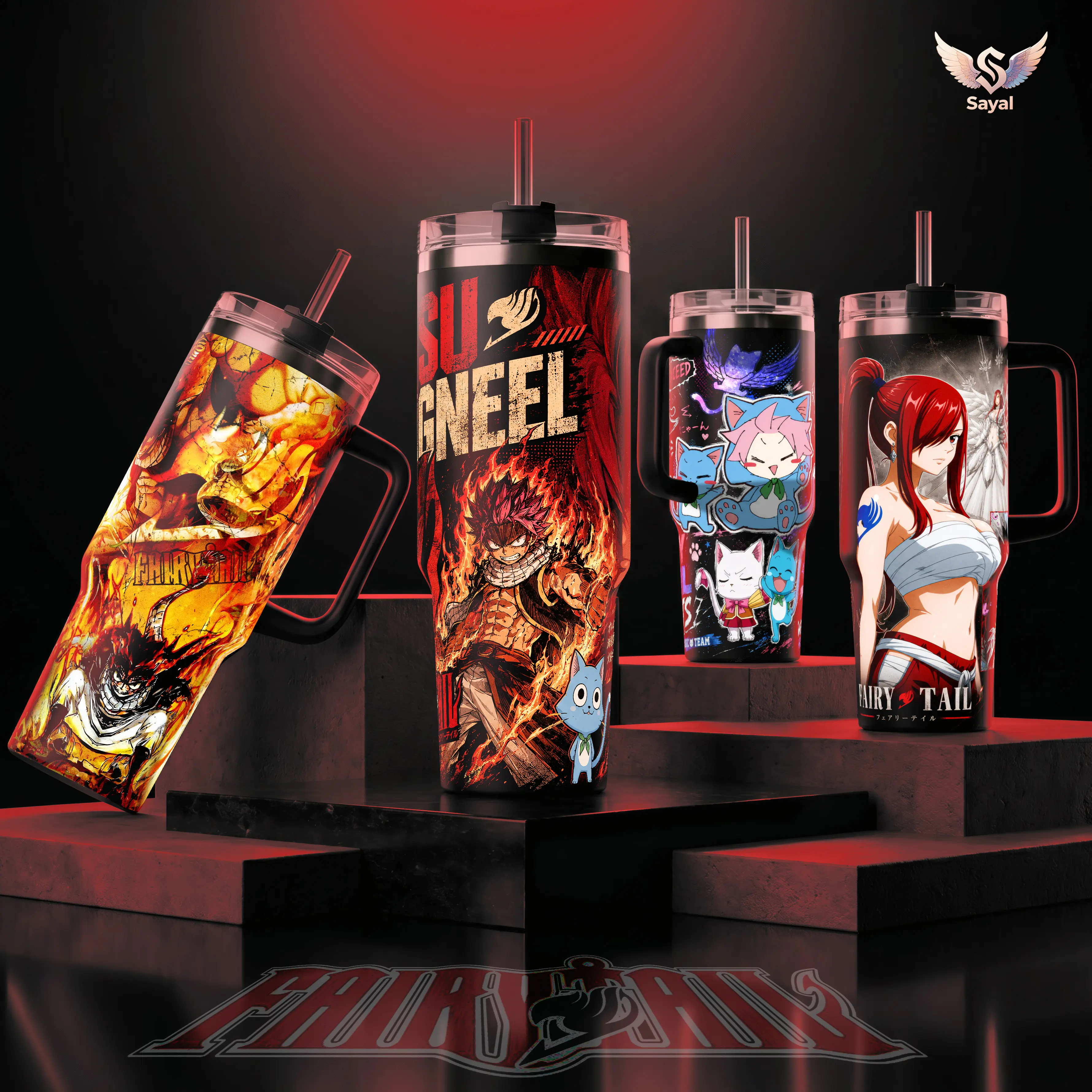 FAIRY TAIL Natsu Dragneel Happy Erza Scarlet Igneel Fire Dragon Slayer E.N.D. Graphic Sayal 40 oz Vacuum Insulated Cup Straw Keeps Drinks Hot Cold 12H+ For Anime Lovers Aesthetic Vibes Dragon Force Style Splash-Proof Stainless Comfort Handle